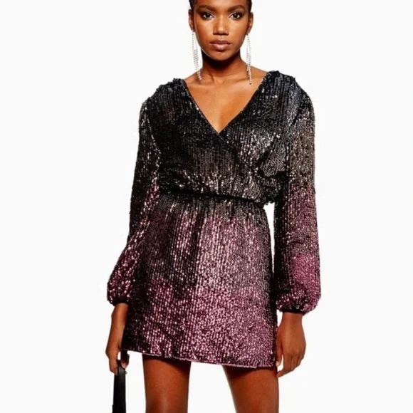 Topshop Dresses Topshop Dress Sequin Long Sleeve Wrap Dress